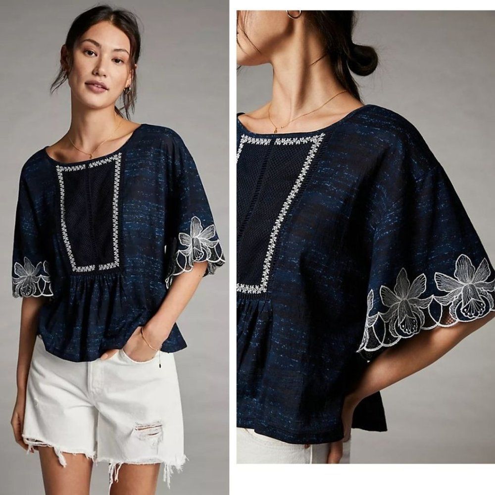 ANTHROPOLOGIE Pilcro &The Letterpress Embroidered Orchid Floral Oversize Top S M